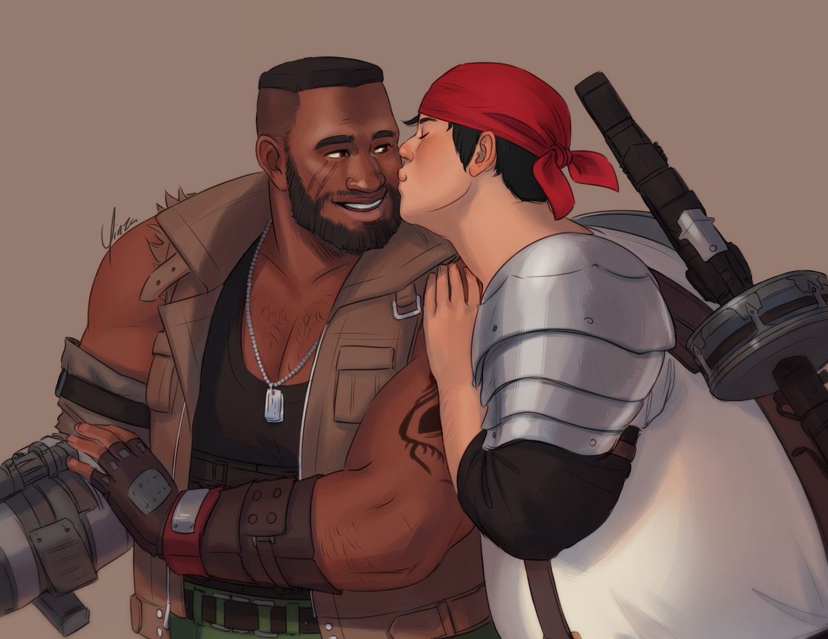 Digital artwork of Barret and Wedge, shown from the waist up. Wedge has his hand on Barret's left shoulder as he leans in to kiss him on the cheek. Barret is slightly turned away, his hand hovering above his gun-arm which is pointed off-camera, but he looks back at Wedge with a surprised but pleased grin.