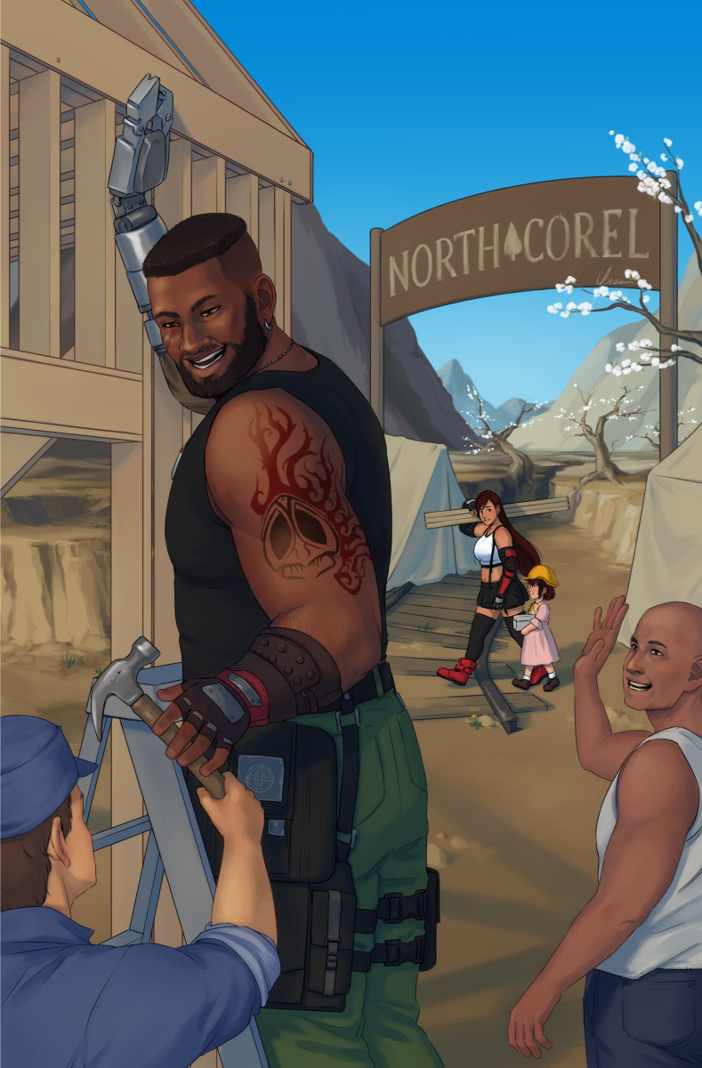 A digital illustration focused on Barret Wallace. Wearing his Remake outfit without the vest, he stands on a ladder next to the wooden frame of a house under construction. He holds a nail in place with a pincer-like prosthetic hand as he grins down at a man in a blue jacket and mining cap who is handing him a hammer. A little ways away, a bald man is waving at him in a passing greeting. Further back, Tifa walks by with Marlene. Tifa is carrying a stack of wooden planks on one shoulder, while Marlene wears a yellow hard hat and carries a small metal box. Beyond them, a wooden sign reading 