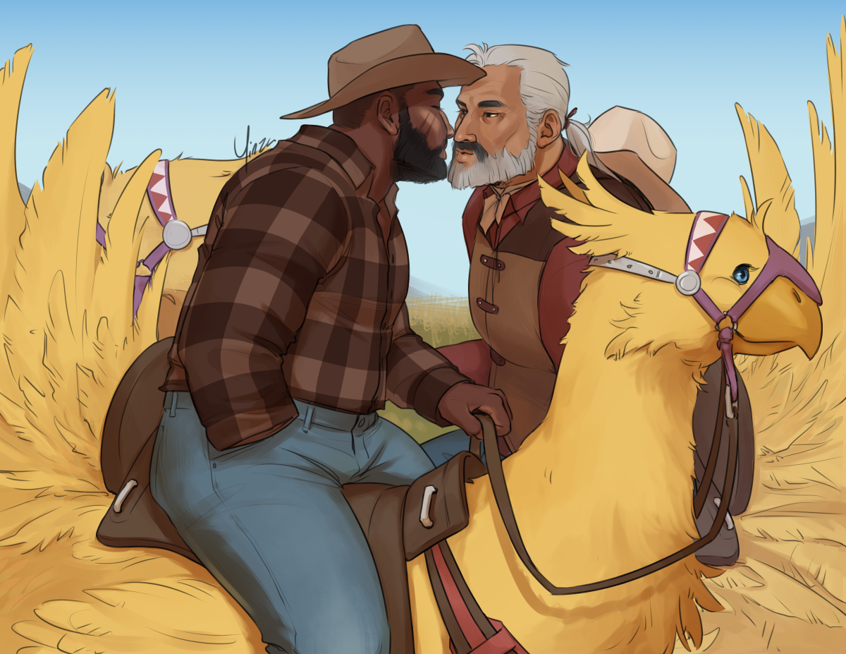Digital art of Barret and Zangan on chocobo-back. Barret wears a brown flannel shirt with the sleeve folded up on the right side, blue jeans, and a cowboy hat. Zangan wears a brown vest over a red shirt, with a beige hat hanging against his back by the strings. They are riding in opposite directions, leaning in close for a kiss as they pass.
