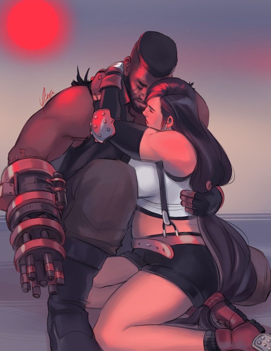 Digital artwork of Barret and Tifa. Barret is kneeling, with his gun-arm pointed away and his left arm around Tifa's back. Tifa sits with her legs beneath her, leaning into Barret with her arms looped around his neck. Their faces are close together and both have their eyes closed and brows drawn with worry. The background is indistinct, but Meteor hangs in the sky as a red circle.