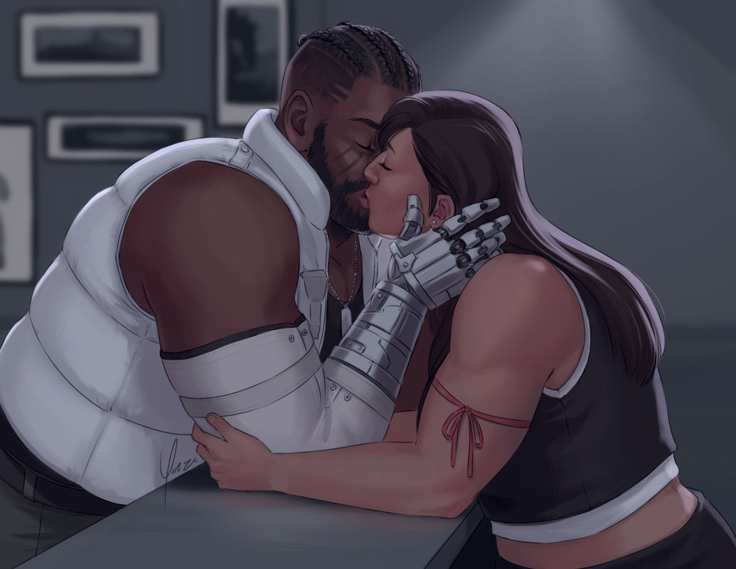Fanart of Tifa Lockhart and Barret Wallace. They are dressed in their Advent Children clothes and are kissing across the bar counter of Seventh Heaven.