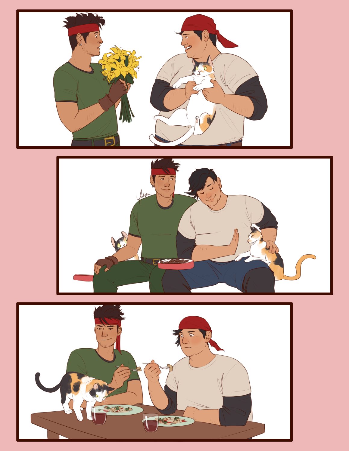 A textless digital comic in 3 panels, featuring Biggs and Wedge. In the first, Biggs is presenting Wedge with a bouquet of yellow lilies, but leaning back in surprise as Wedge pulls back to keep his cat away from them. Wedge wears an apologetic grin. In panel 2, Biggs and Wedge are seated side-by-side with an open box of chocolates across their knees. Wedge is holding up a hand to block one cat from getting to the chocolates, smiling fondly. Biggs looks at Wedge fondly, unaware of a second cat peering around behind his arm. In panel 3, Biggs and Wedge are eating dinner together. They both look on with wry smiles as a cat approaches Biggs' glass of wine, peering curiously down into it.