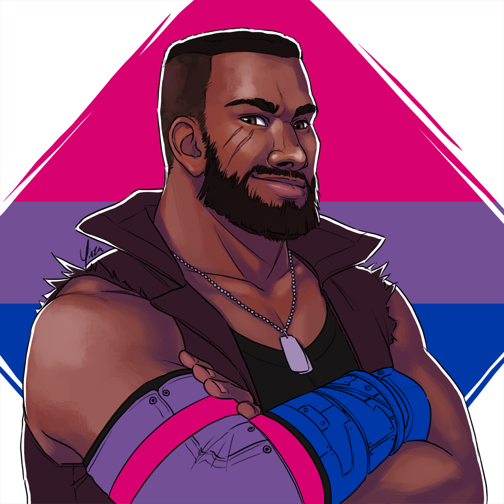 A portrait of Barret Wallace against the bisexual pride flag.
