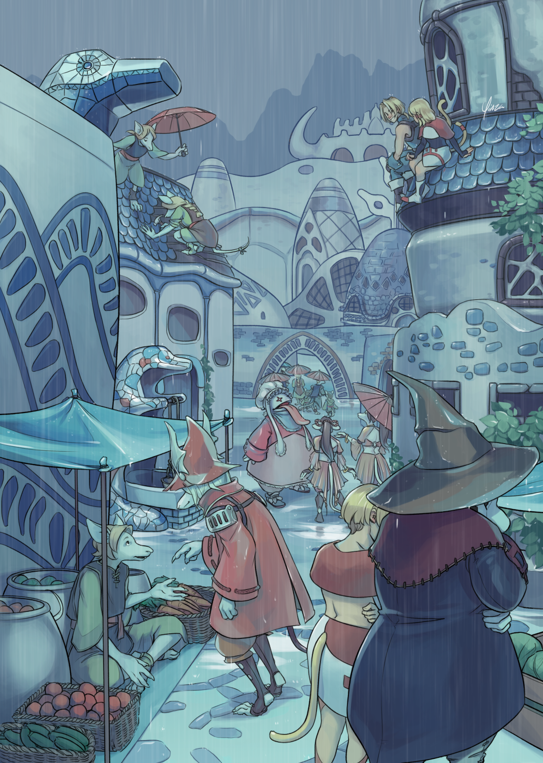 A digital illustration of a street in Burmecia. In the foreground, Freya is speaking to a man selling produce beneath a tarp, while a black mage and Genome woman contemplate another stand on the opposite side of the street. Farther back, Quina stands tilting their head back to taste the rain, with one Cleyran dancer joining them and another holding a hand out from beneath her umbrella. On the roofs above, a Burmecian woman is repairing rooftiles while a man holds an umbrella for her, and Zidane and Mikoto sit chatting. A Burmecian family is visible passing beneath an arch deeper into the city, and the palace rises in the distance.