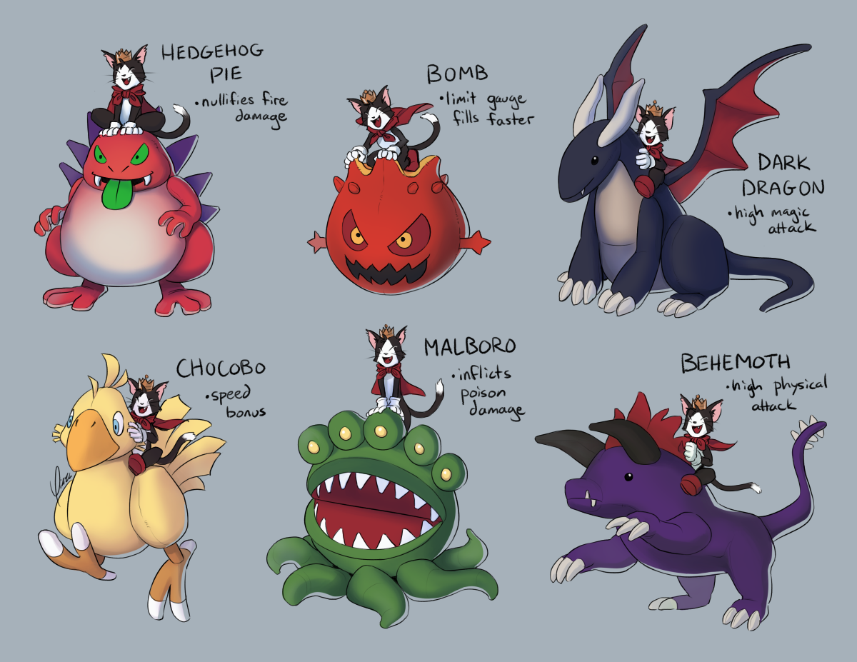 Digital art depicting a set of 6 different plush mount concepts for Cait Sith. Each is labeled and includes a note on the mount’s battle effects. From left to right, top to bottom: Hedgehog Pie, nullifies fire damage. Bomb, limit gauge fills faster. Dark Dragon, high magic attack. Chocobo, speed bonus. Malboro, inflicts poison damage. Behemoth, high physical attack.
