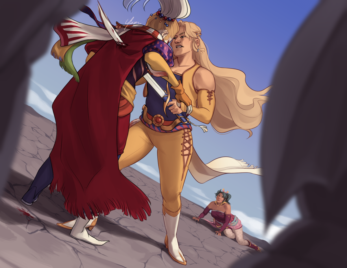 Digital artwork of Celes stabbing Kefka on the Floating Continent. Kefka’s back is to the viewer, and Celes looks at him with disgust as she grips him by the shoulder and runs him through with her sword. Some paces behind them, Terra is lying on the ground, just pushing herself up on her arms to watch. Two of the statues are partly visible out-of-focus in the foreground, framing the scene.