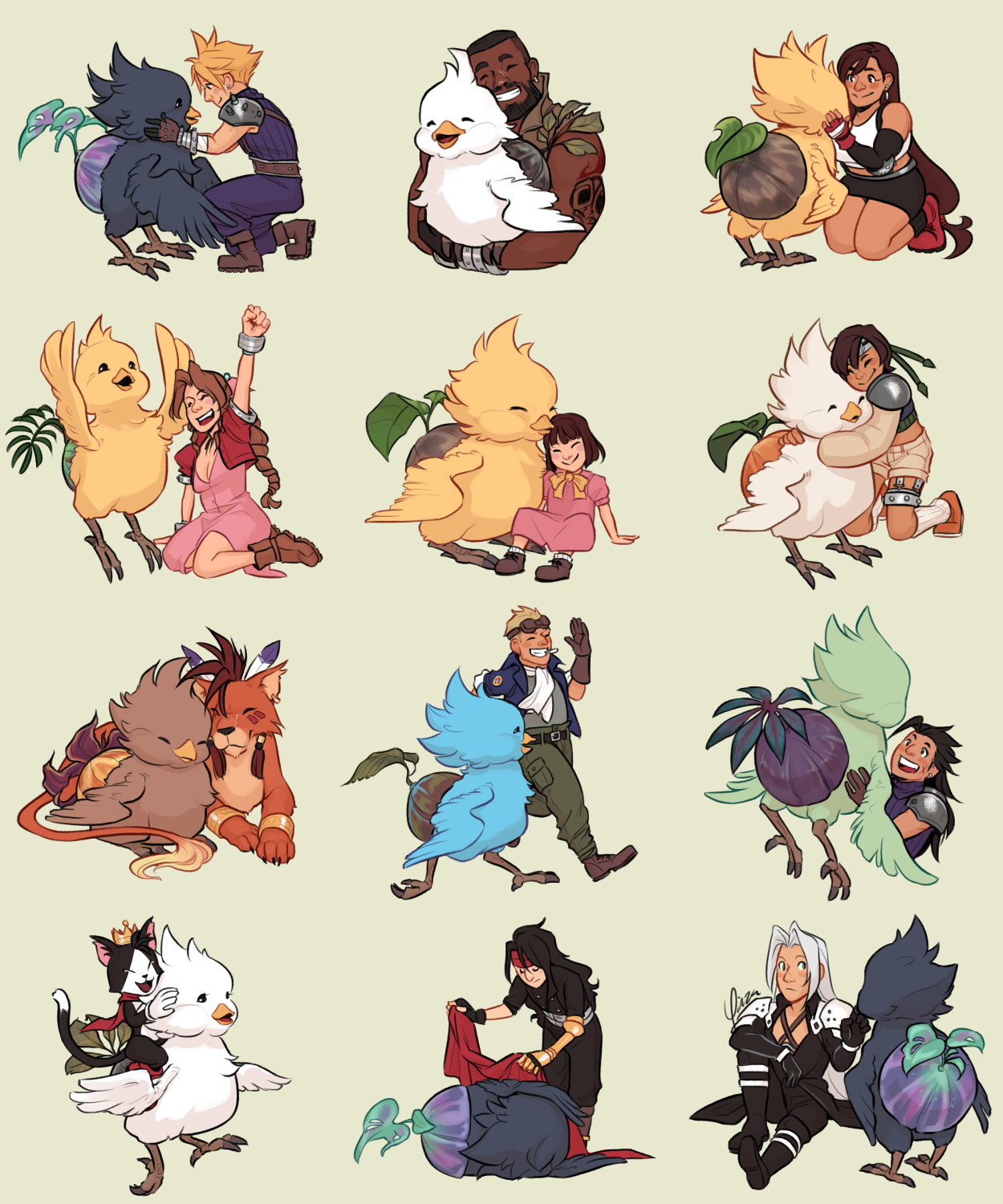 Digital artwork featuring various Final Fantasy VII characters in their OG designs paired with chocobo chicks from Rebirth. From left-to-right, top-to-bottom: 1) Cloud kneels in front of a Nibel chocobo, holding its face. 2) Barret grins as he holds a Corel chocobo in his arms. 3) Tifa kneels in front of a Grasslands chocobo. 4) Aeris sits beside a Costa del Sol chocobo, pumping her fist as it jumps upward. 5) Marlene sits beside a Grasslands chocobo as it grooms her bangs. 6) Yuffie hugs a Junon chocobo. 7) Nanaki sits cuddling with a Cosmo chocobo. 8) Cid runs side-by-side with a blue chocobo. 9) Zack lifts a Gongaga chocobo into the air. 10) Cait Sith rides a Corel chocobo. 11) Vincent lays his cape over a sleeping Nibel chocobo. 12) A seated Sephiroth cautiously lifts his hand to scratch a Nibel chocobo's cheek.