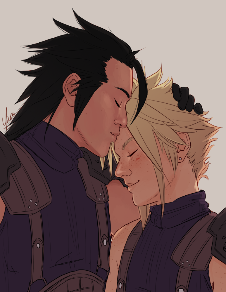 Zack kisses Cloud softly on the forehead. Both are smiling softly with eyes closed.
