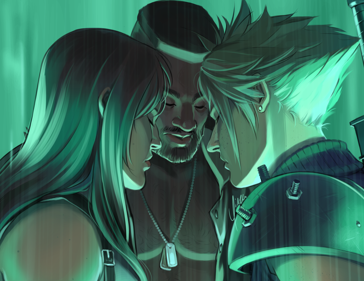 Digital artwork of Tifa, Barret, and Cloud, shown from the shoulders up. They stand lit from below by the green light of the final descent into the depths of the Northern Crater. They lean their foreheads close to one another, their eyes closed and their expressions solemn.