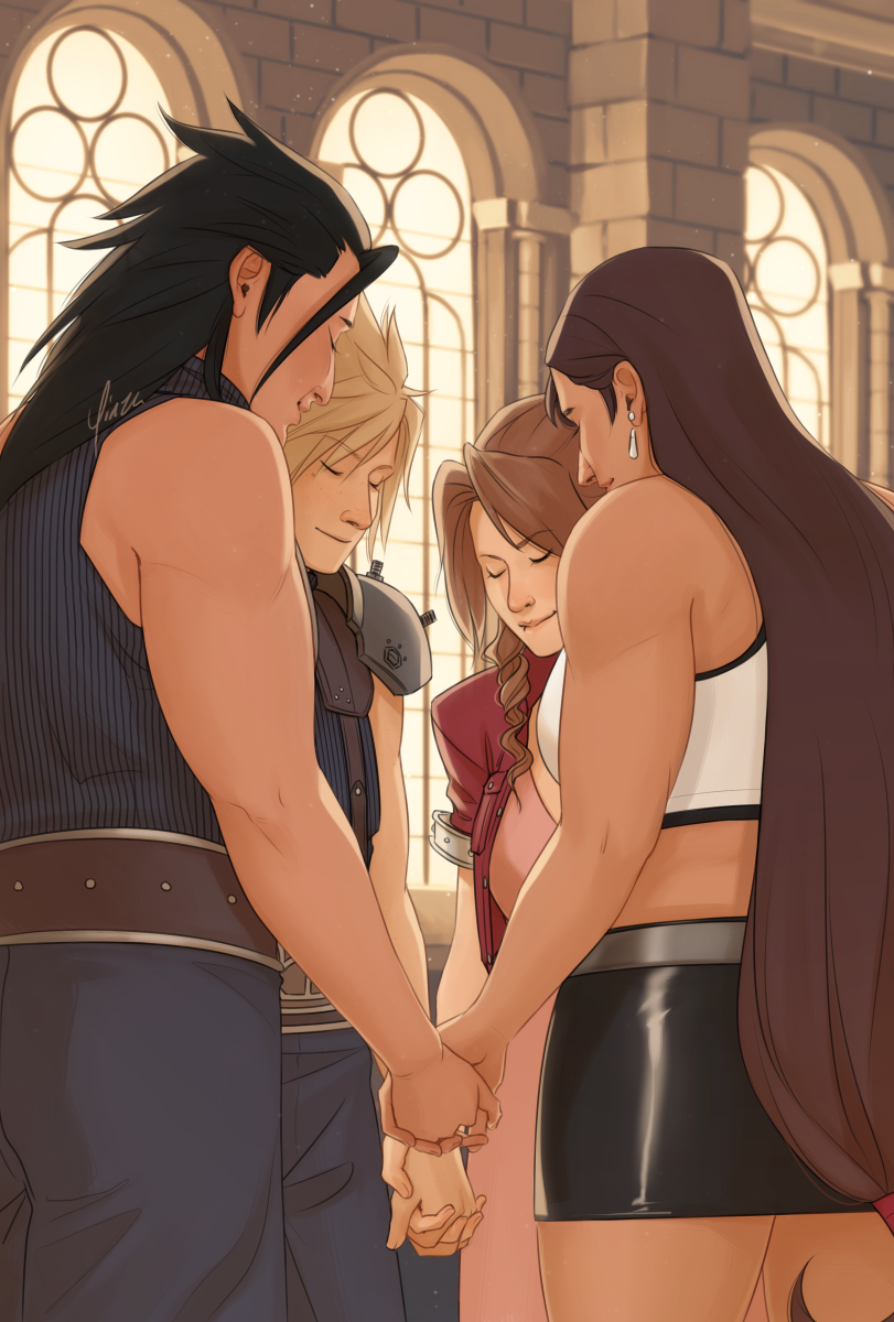 Digital artwork of Zack, Cloud, Aeris, and Tifa in the Sector 5 church. They wear their OG outfits, without gloves or Zack’s pauldrons, and stand in a ring facing each other holding hands. Their eyes are closed and they smile softly. The view is between Zack and Tifa so that Zack and Cloud are on the left and Aeris and Tifa on the right. Warm light glows through the windows behind them.