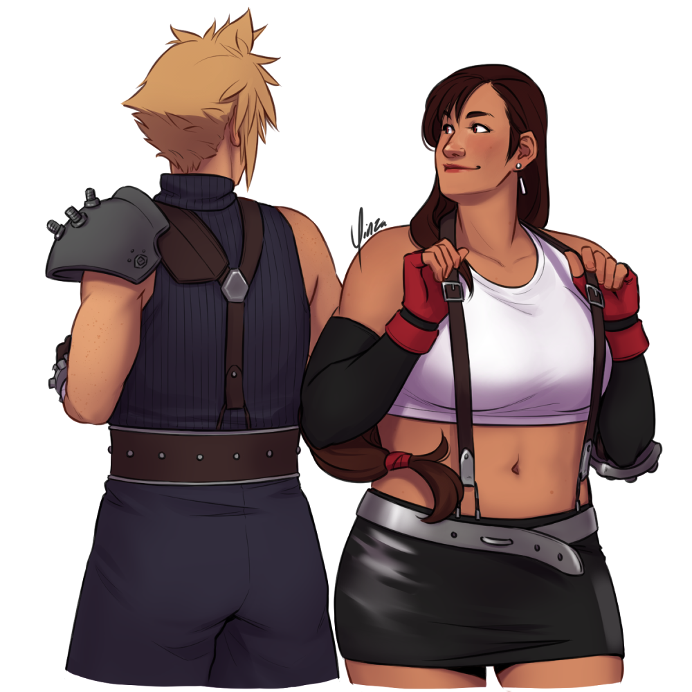 Fanart of Cloud and Tifa. Tifa stands facing the viewer and Cloud with his back turned, but each is looking over their shoulder at the other. Tifa is pulling her suspenders out a little with her thumbs.