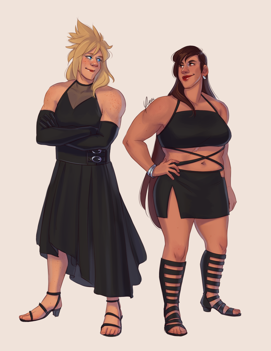 Cloud and Tifa in black dresses. Cloud's is sleeveless, with mesh fabric forming a V-neck, an asymmetrical skirt, and an underbust corset. He also wears long black gloves. Tifa's dress is short and exposes her middrift, with thin straps criss-crossing it. She wears strappy knee-high sandals and silver bracelets. They stand back-to-back, looking at each other confidently, Cloud with his arms folded and Tifa with a hand on her hip.