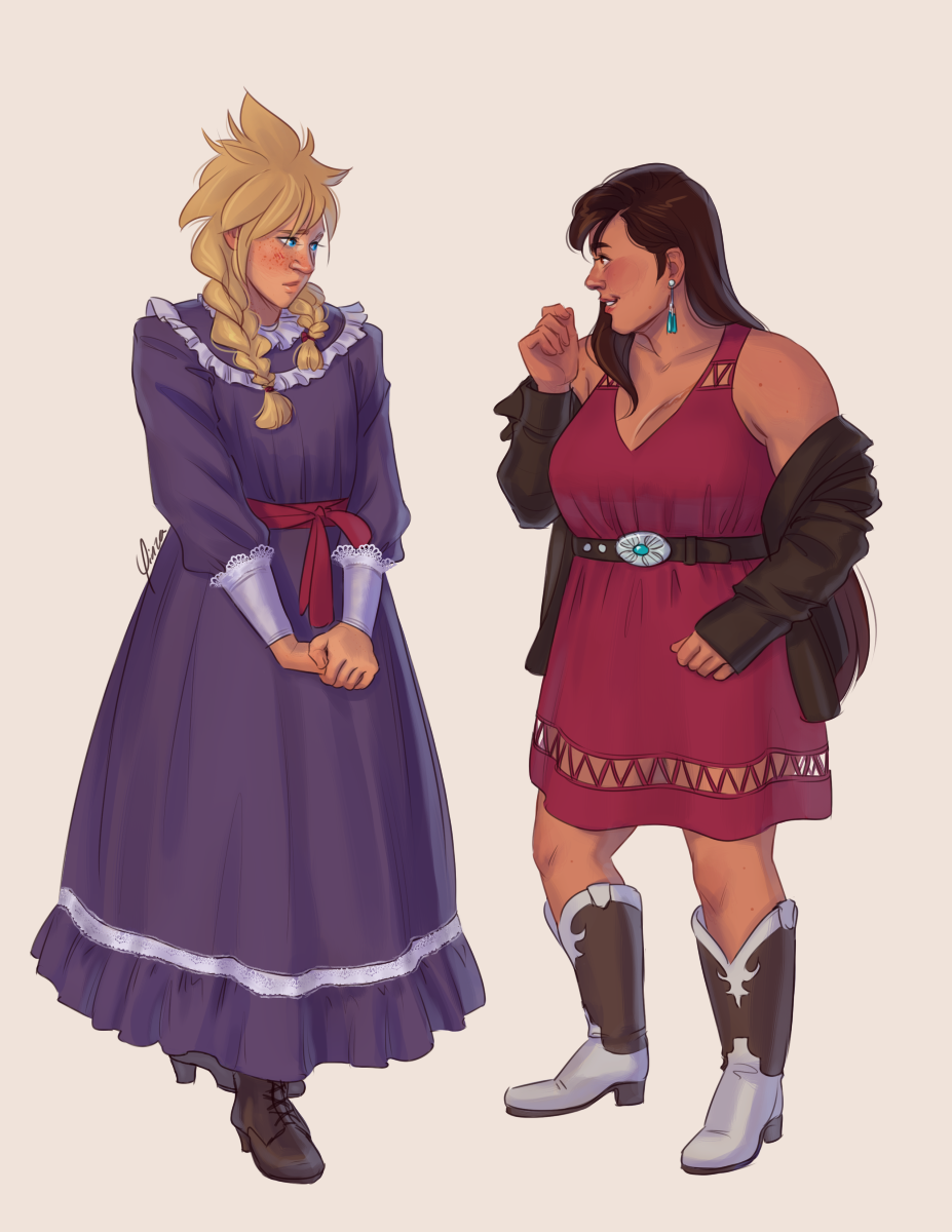 Cloud wears a long-sleeved purple dress with frilled trim and a red sash, strongly resembling his OG dress design. His hair is in braided pigtails, and he stands with his hands clasped in front of him, looking embarrassed. Tifa wears a sleeveless knee-length red dress cinched with a belt, a brown leather jacket hanging off her shoulders, and cowboy boots. She is looking at Cloud in amusement.