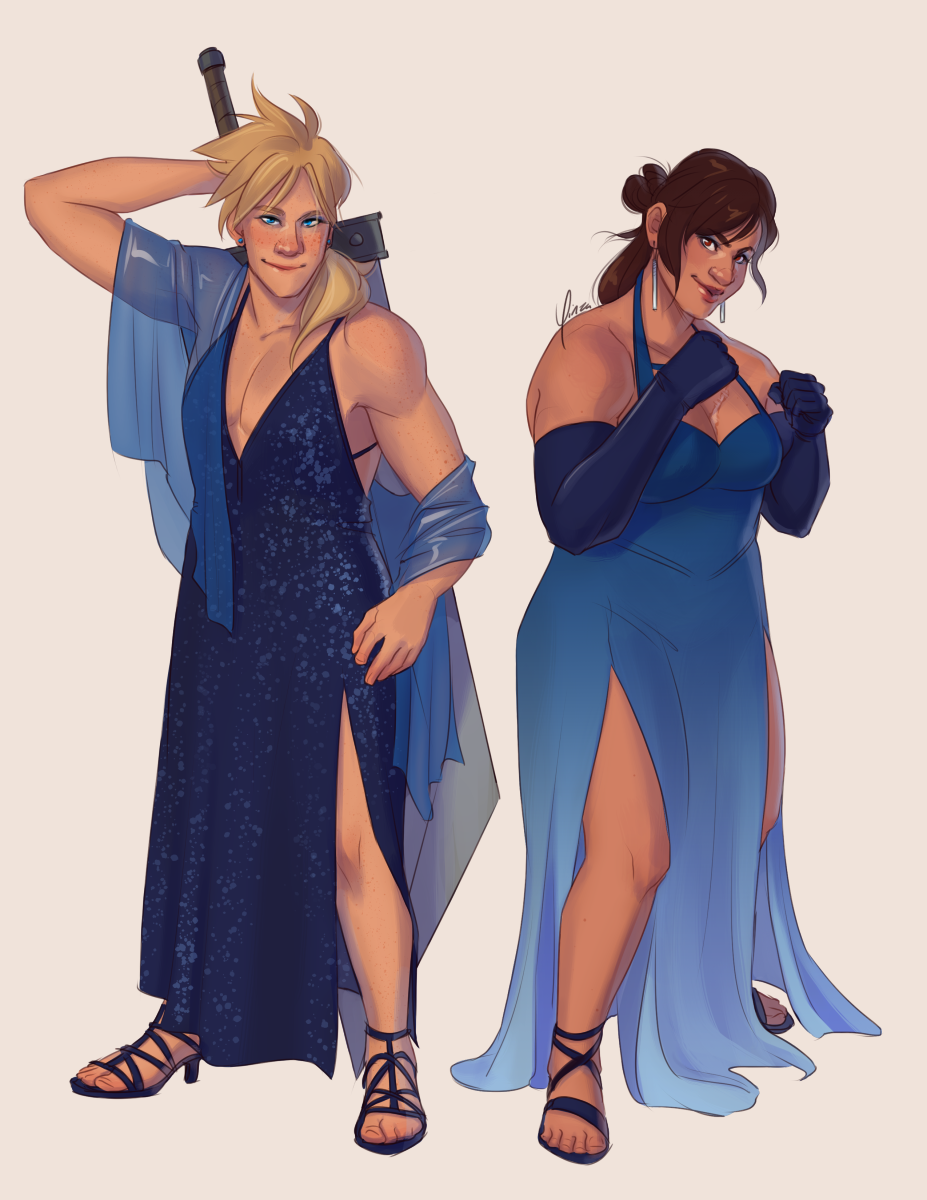 Cloud and Tifa in evening gowns. Cloud's is a dark blue shimmery fabric with a deep V-neck and a slit up one side. He wears a translucent lighter blue wrap looped over his arms, and is reaching to grasp the hilt of his sword over his shoulder. Tifa's dress has a halter neck with a sweetheart neckline and slits up both sides. The color is deep blue at the top, fading to a pale blue at the hem. She wears long dark blue gloves, and stands in a ready fighting stance.