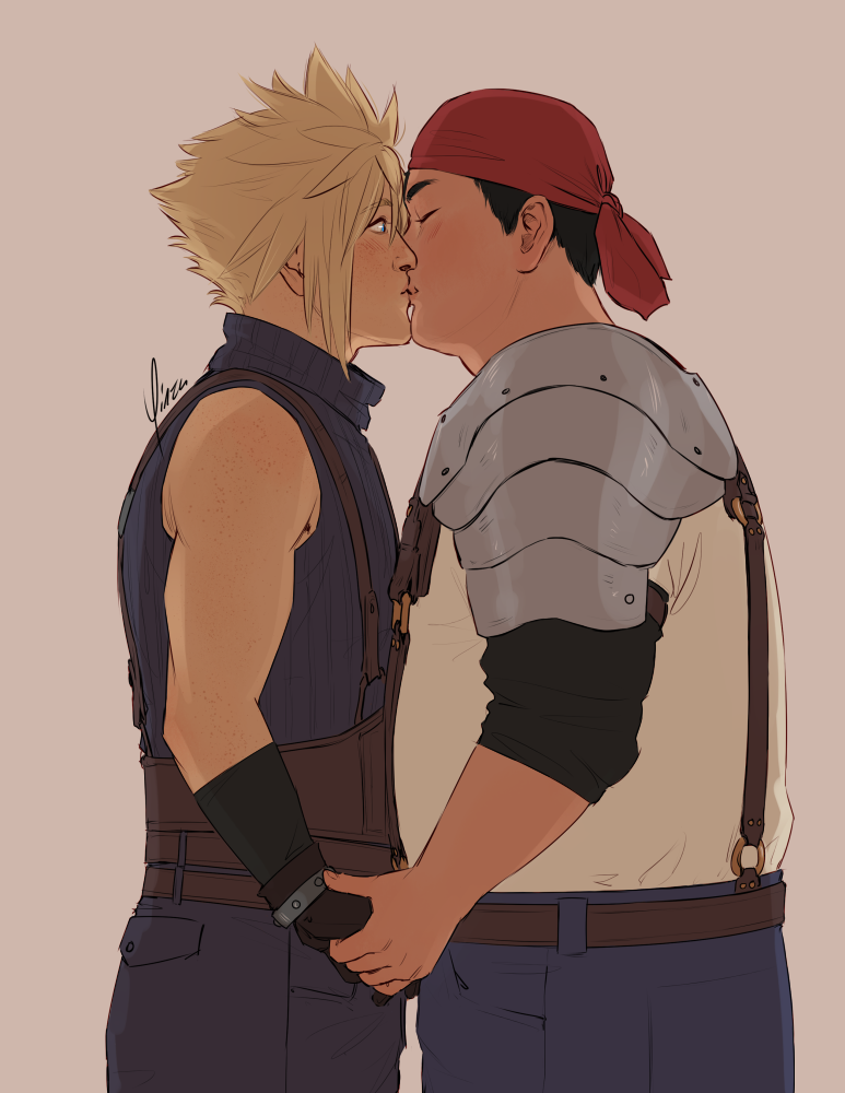 Fanart of Cloud Strife and Wedge. Wedge has taken Cloud by the hand and is kissing him, eyes closed. Cloud looks a little surprised and is blushing.