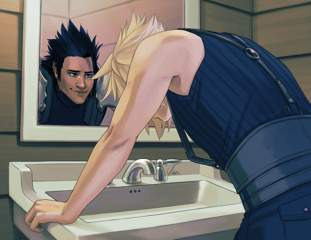 Cloud leans, head down, against the sink in the bathroom at the inn in Costa del Sol. He is unaware of Zack's image in the mirror, giving him a rueful smile of encouragement.