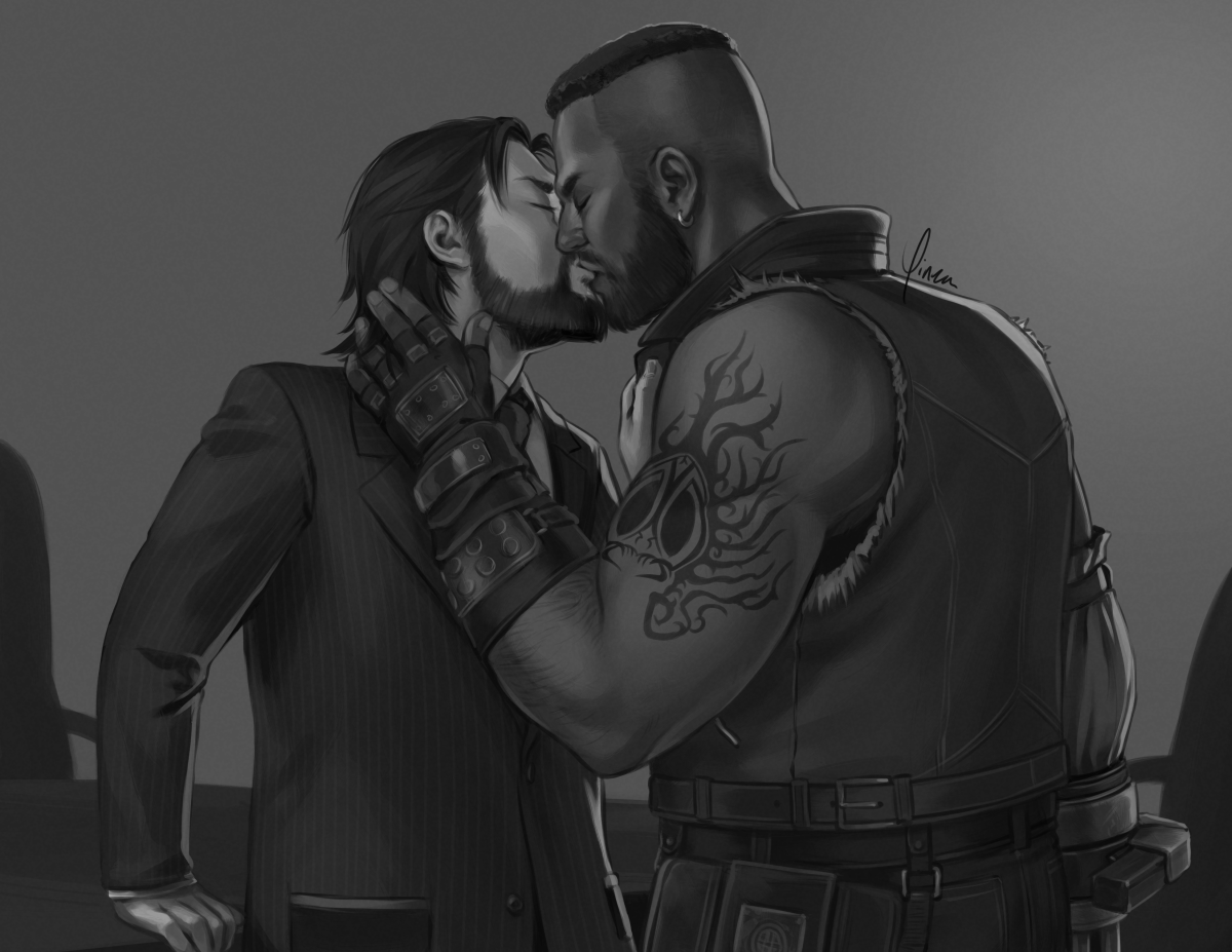 A digital greyscale painting of Reeve Tuesti and Barret Wallace, shown from the waist up. The background loosely indicates a conference room, and they are kissing, but mid-argument, their brows still furrowed. Reeve has backed up against the table, one hand planted on it while he grabs Barret's collar with the other. Barret has his left hand against Reeve's neck, fingers beginning to run through his hair.