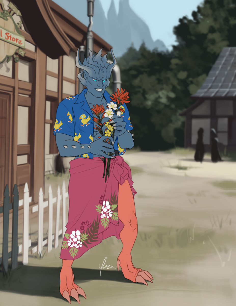 Digital artwork of one of the Makonoids from the Nibel reactor. He is standing out in front of the general store, wearing an unbuttoned blue chocobo-print shirt and a pink floral sarong. He is smiling toothily at some flowers he's picked. In the background are visible two black-cloaked figures and the distant peaks of Mt Nibel.