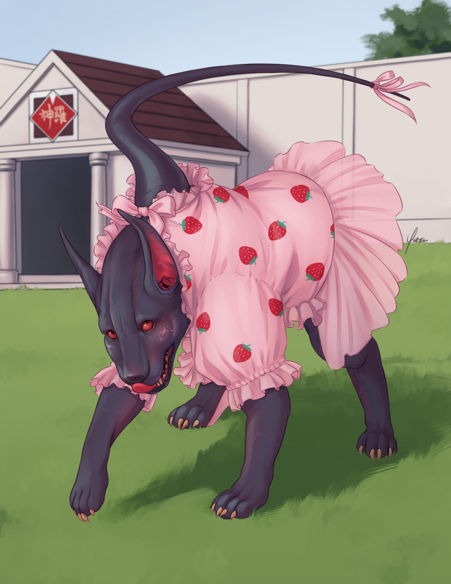Digital fanart of Rufus Shinra's dog Dark Nation wearing the pet version of the strawberry dress and a matching pink ribbon tied to the end of its tentacle. Dark Nation stands in a grassy yard with a white fence and a doghouse with the Shinra logo in the background. Dark Nation has its head down and licks its nose as it looks at the camera. One hind leg has snagged the edge of the dress, while one foreleg is lifted, poised to move.