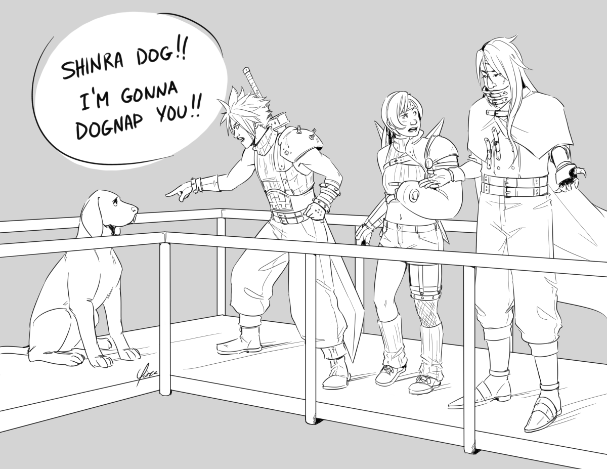 Cloud, Yuffie, Vincent, and a dog stand on a catwalk leading to the submarine docks. Cloud is pointing dramatically at the dog and exclaiming 'Shinra dog!! I’m gonna dognap you!!' Yuffie is pointing at Cloud as she throws a quizzical look at Vincent, and Vincent is shrugging.