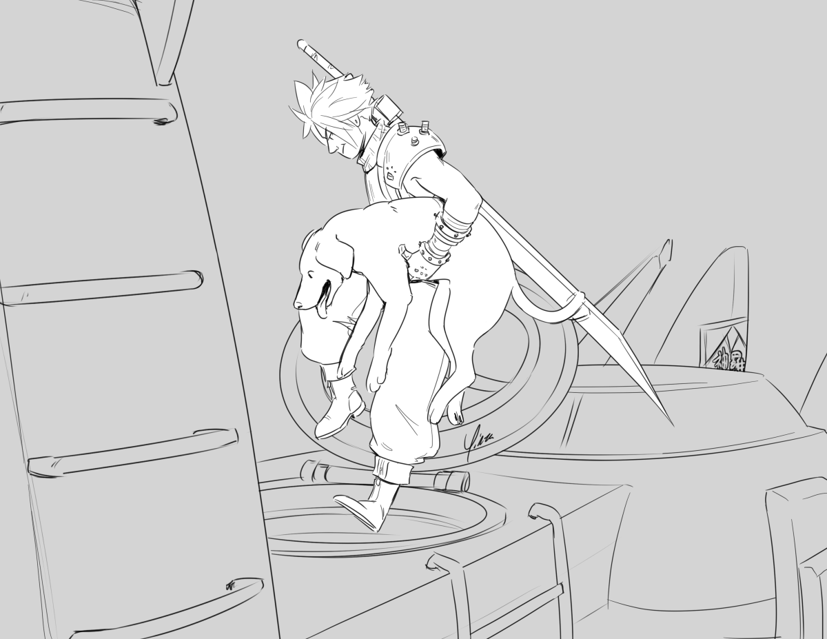 Cloud holds the dog under his left arm as he leaps into the open hatch of a submarine. The dog has its tongue out, delighted.