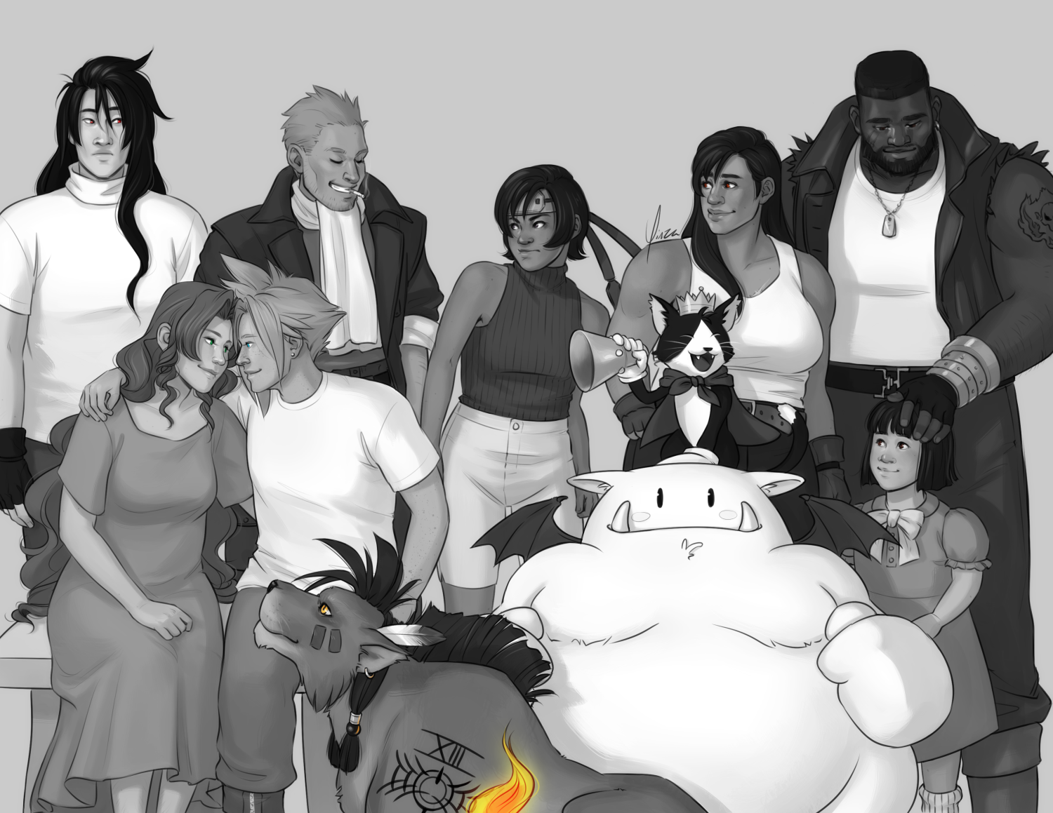 A group drawing of AVALANCHE, done in greyscale with the exception of eye color and Nanaki's tail flame. The first and updated drawing is digital. Standing in the back row, from left to right: Vincent wears a white turtleneck T-shirt and black fingerless gloves. He is looking to his left with raised eyebrows. Cid wears his canon outfit and grins around a cigarette, his eyes closed. Yuffie wears her headband, an uncropped sleeveless turtleneck knit, and capri shorts. She leans away from Cid, looking at him with an irritated expression. Tifa wears a white tank top, black pants, and fingerless gloves, and looks towards Yuffie in amusement. Barret stands slightly behind her wearing his OG outfit with the addition of a white shirt. His left hand rests atop Marlene's head and he looks down at her with a fond expression. In the front row, from left to right: Aeris and Cloud are seated on a bench together. Aeris wears a plain short-sleeve, ankle-length dress, and has her hair loose. Cloud wears a white T-shirt over his pants and boots. He has his right arm around Aeris's shoulder and she has her left behind his back, and they are leaning into each other and smiling. Nanaki is lying on the ground in front of Cloud, looking up at them fondly. Cait Sith sits atop his moogle holding his megaphone, and he grins down at Marlene. Marlene stands slightly behind him and in front of Barret, looking back at Cait Sith with a shy smile.