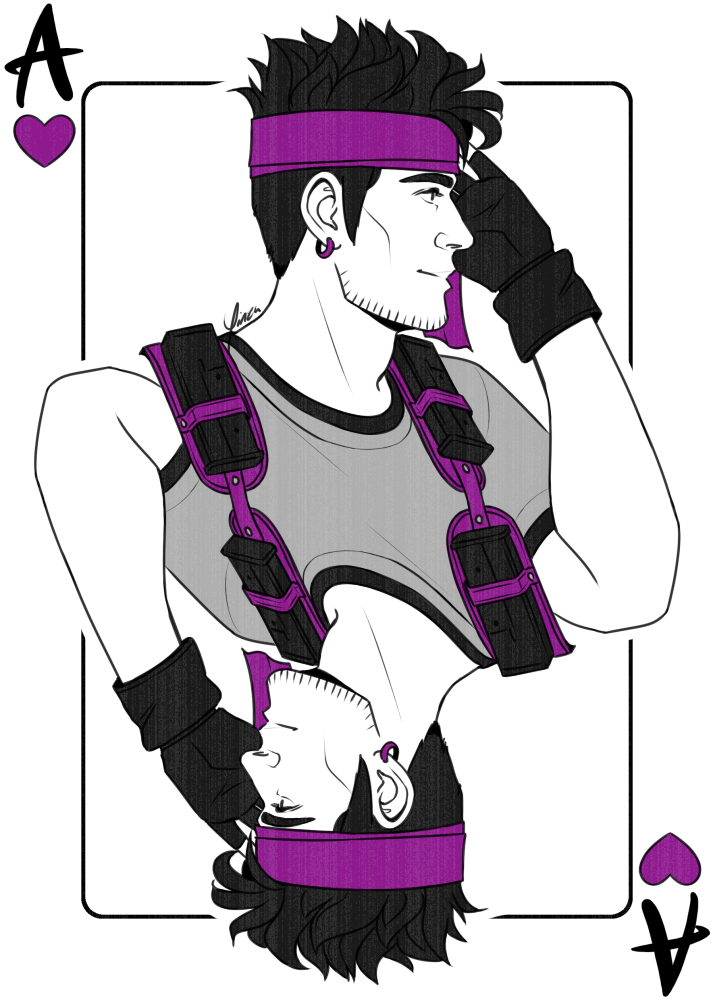 A reversible playing card design featuring Biggs as the ace of Hearts in asexual pride colors.