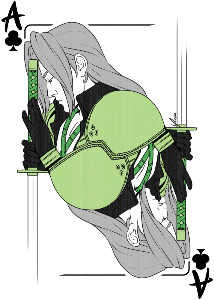 A reversible playing card design featuring Sephiroth as the ace of Clubs in aromantic pride colors.