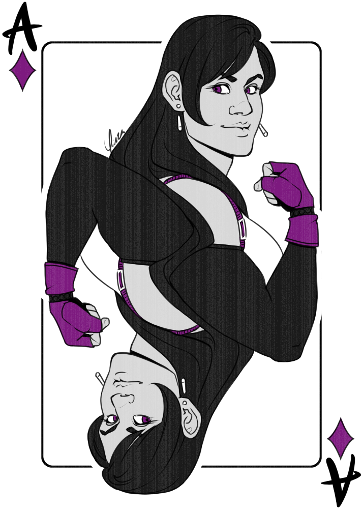 A reversible playing card design featuring Tifa as the ace of Diamonds in asexual/demisexual pride colors.
