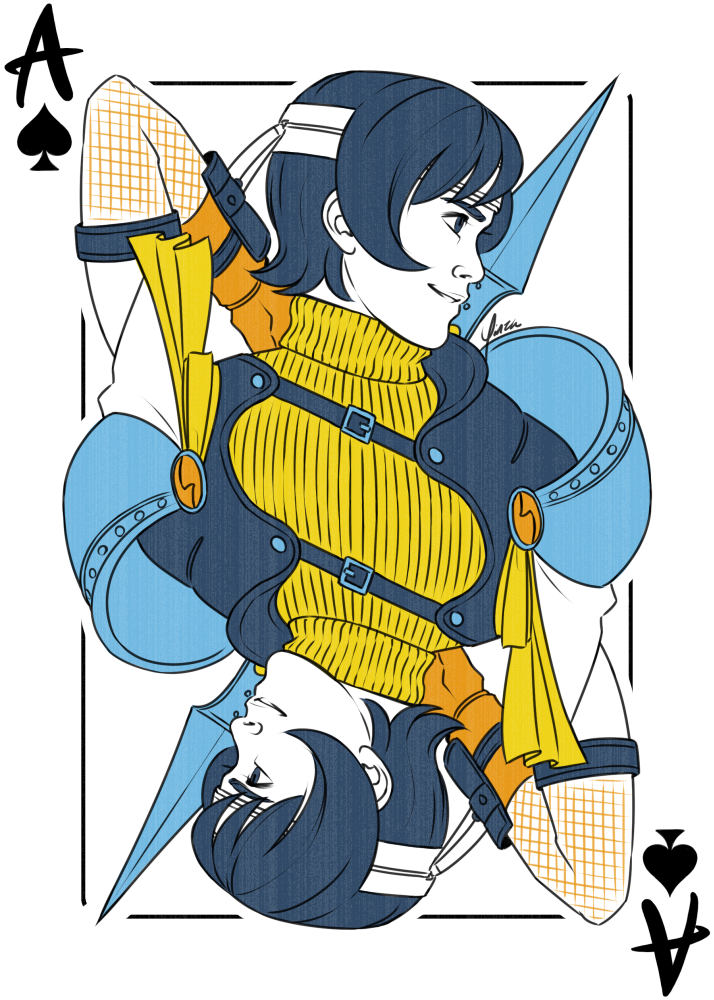 A reversible playing card design featuring Yuffie as the ace of Spades in aroace pride colors.