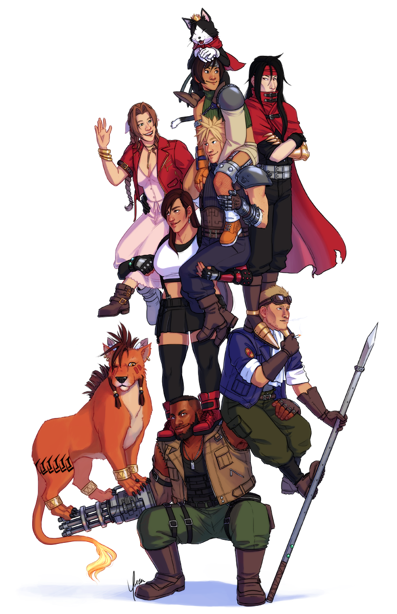 The playable characters of FF7 in a tower. Barret is at the bottom. Nanaki/Red XIII stands on his gun-arm, while Cid is sitting on his left shoulder. Vincent stands on Cid's shoulders. Tifa stands on Barret's shoulders, holding Aeris in her right arm and Cloud in her left. Yuffie sits atop Cloud's shoulders, and Cait Sith sits on hers.