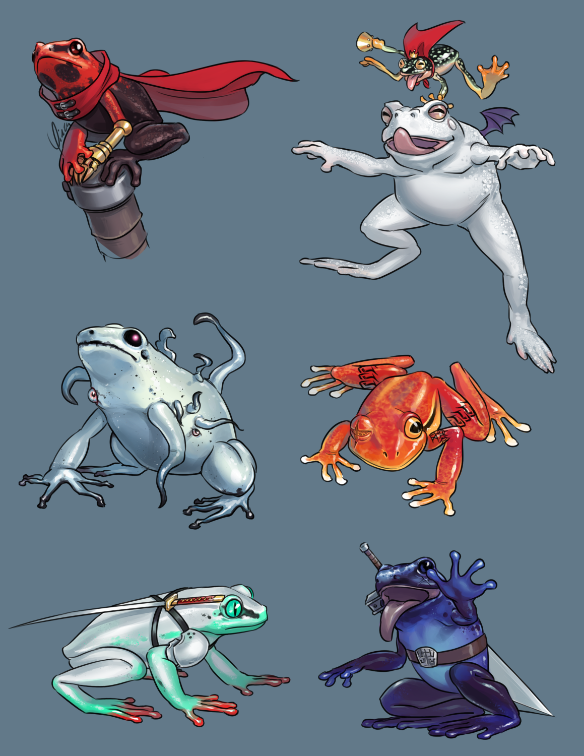 Digital artwork for 6 different frog designs of Final Fantasy VII characters. Vincent is based on a red-headed poison dart frog. His left forearm is still his metal claw and he wears a simplified version of his red cape. He sits perched on the pommel of the Buster Sword. Cait Sith is based on a starry night reed frog, with a white-spotted black back and gold underside. He wears his cape and crown and carries his megaphone. Mog is a large white toad and retains his moogle wings. Both of them are jumping upwards and grinning with their tongues out. Jenova is based on a mint golden poison frog, a pale blue-green color with black at her extremities. She has a tentacle in place of her left arm, and more tentacles of varying sizes growing from her back, as well as two additional eyes. There is a pink glow in her main black eye. Nanaki has the orange coloring of a tomato frog, but a body shape more like a tree frog. He is still missing his right eye, and retains his tattoos. He is crouched low on all fours. Sephiroth is loosely based on a painted reed frog. His body is silver, with bright green on his face and legs which fades into a bright red at the toes. He wears his pauldrons and mini Masamune strapped to his back with criss-cross straps. His eyes are still green with vertical slits. Zack is based on a blue poison dart frog. He retains his criss-cross scar and wears the Buster Sword on his back held on with a belt bearing the SOLDIER logo. He is sitting up on his hind legs and waving his left hand, his mouth open and tongue out in a grin.