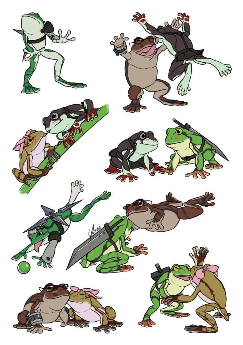 A number of digital drawings of the FF7 Remake party members as frogs. From top-to-bottom, left-to-right: 1) Yuffie leaning back with her hands thrown out in front of her in a big NOPE gesture. 2) Tifa leaping down towards Barret, both of them with arms flung wide. 3) Aeris and Tifa perched on a branch, their tongues sticking out just enough to touch. 4) Tifa and Cloud crouched next to each other, their hands touching. 5) Yuffie jumping after a green materia, tongue out. 6) Barret leaping towards Cloud, who is starting to raise his hands in alarm. 7) Aeris crouched next to Barret, kissing him on the cheek. 8) Cloud and Aeris high-fiving.