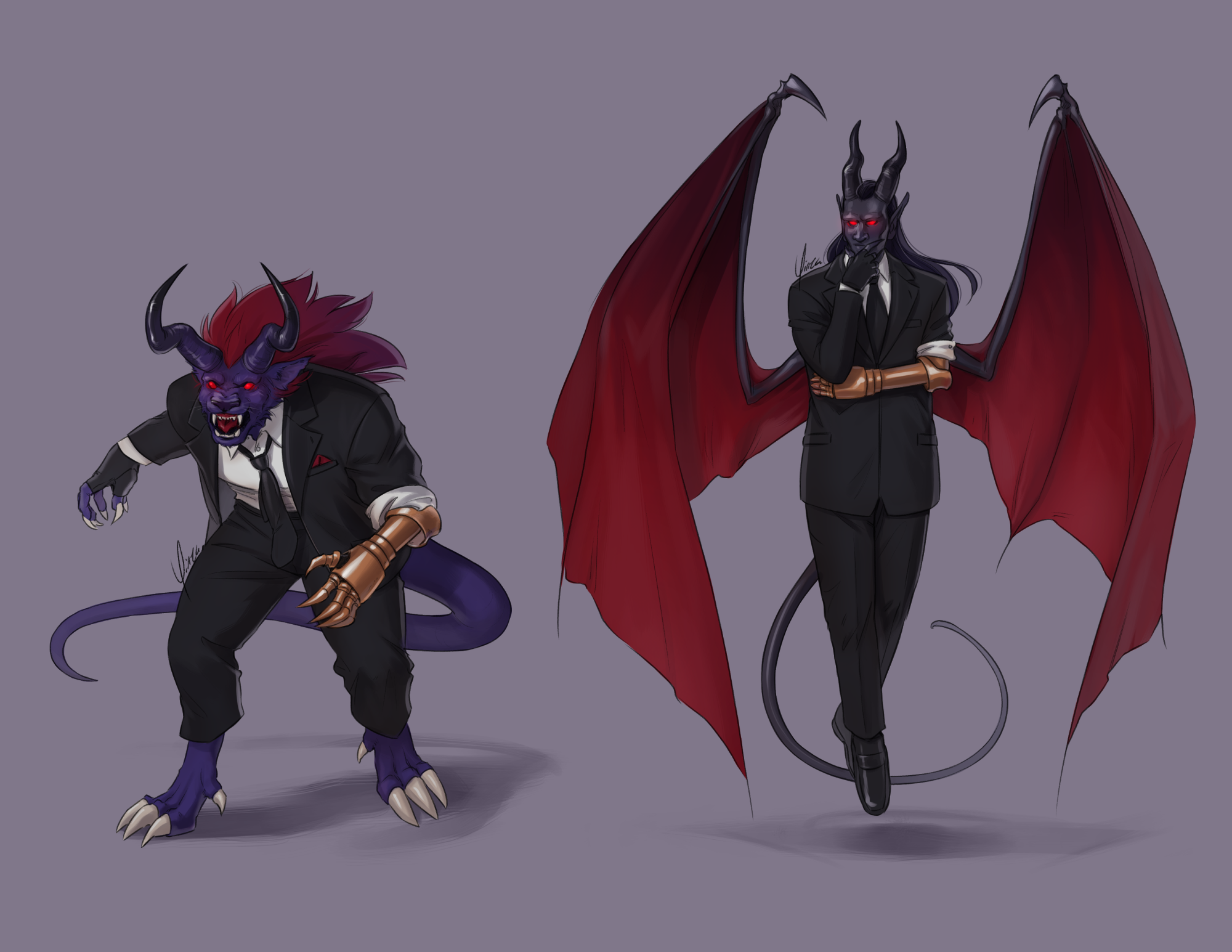 A pair of drawings of Galian Beast and Chaos in black suits. Their designs are slightly different from canon; both still have Vincent's gold claw in place of the left forearm, and Chaos has a slighter frame with long dark hair and a long thin tail. Galian Beast wears his suit jacket open with a red handkerchief tucked in the pocket, and he is stepping forward and snarling. Chaos hovers above the ground, his hand to his chin as he regards the viewer thoughtfully.