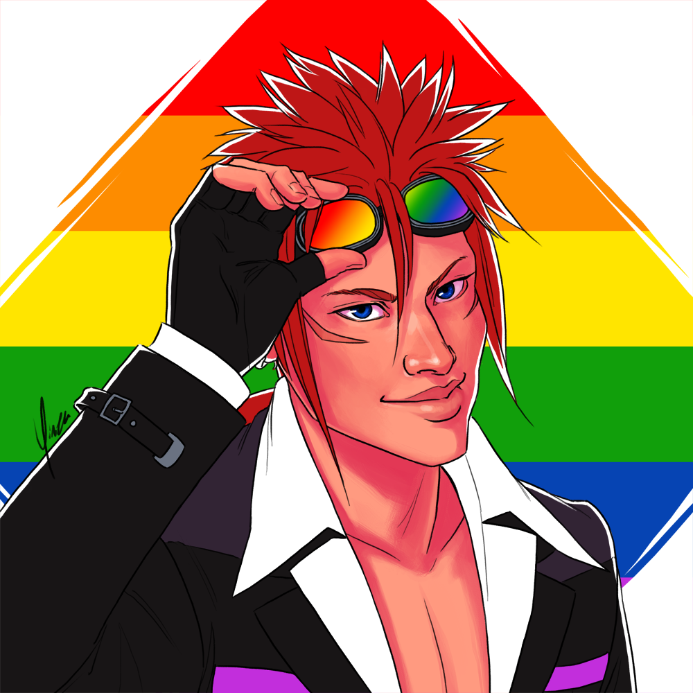 A portrait of Reno of the Turks against the rainbow pride flag.