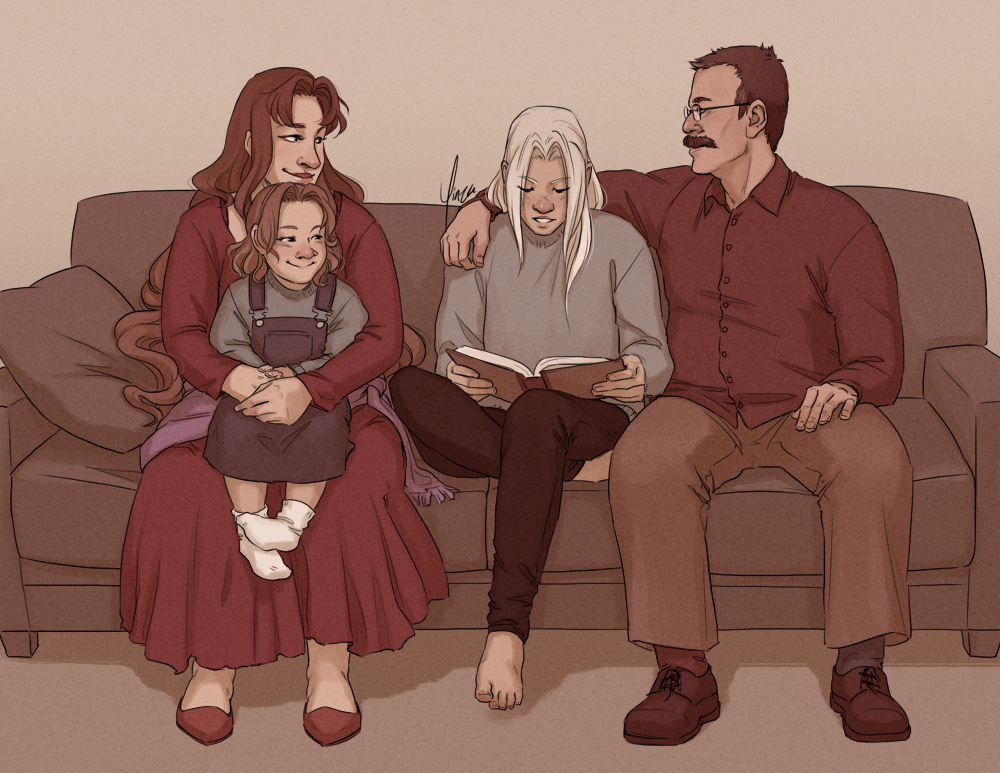 Ifalna and Gast sit comfortably on a sofa. Gast has his arm around a young Sephiroth, who sits between them reading aloud from a book in his lap. A toddler Aeris sits in Ifalna's lap, listening happily.