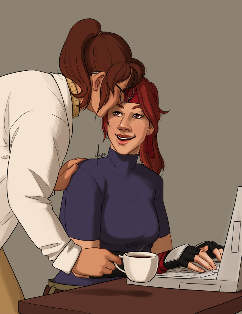 Jessie is sitting at a computer typing and looks up with a smile at Shera, who kisses her on the forehead as she brings her a cup of tea.