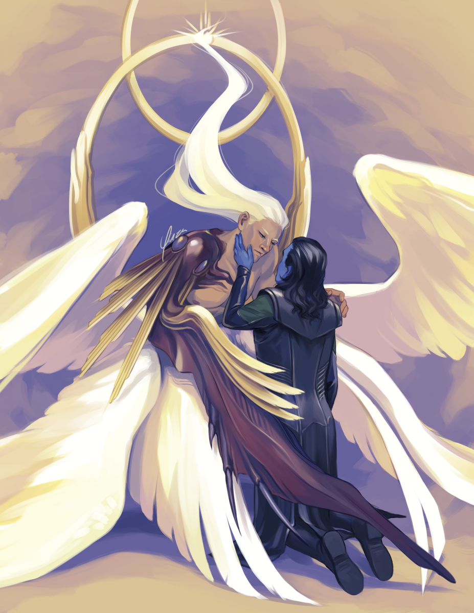 Digital artwork of Sephiroth from Final Fantasy VII and the MCU’s Loki. Sephiroth is depicted in his Safer form, while Loki is in his Frost Giant form. Loki is kneeling with his back to the viewer, his left hand against Sephiroth’s face as Sephiroth’s wings curl around him.