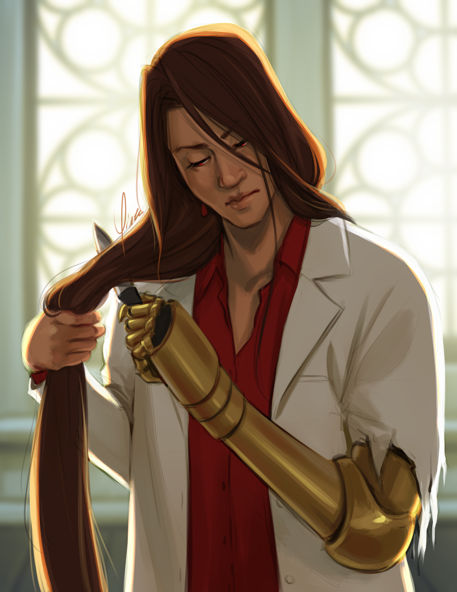 Lucrecia depicted from the waist-up, facing the camera and backlit by the same window. She wears a red button-down shirt beneath her lab coat, red earrings, and her eyes are red. Her left sleeve is ragged where her arm has been replaced by a golden claw like Vincent's. She has pulled her hair over her shoulder and holds a knife ready in her clawed hand to cut it. Her head is tilted down and she wears a pensive frown.