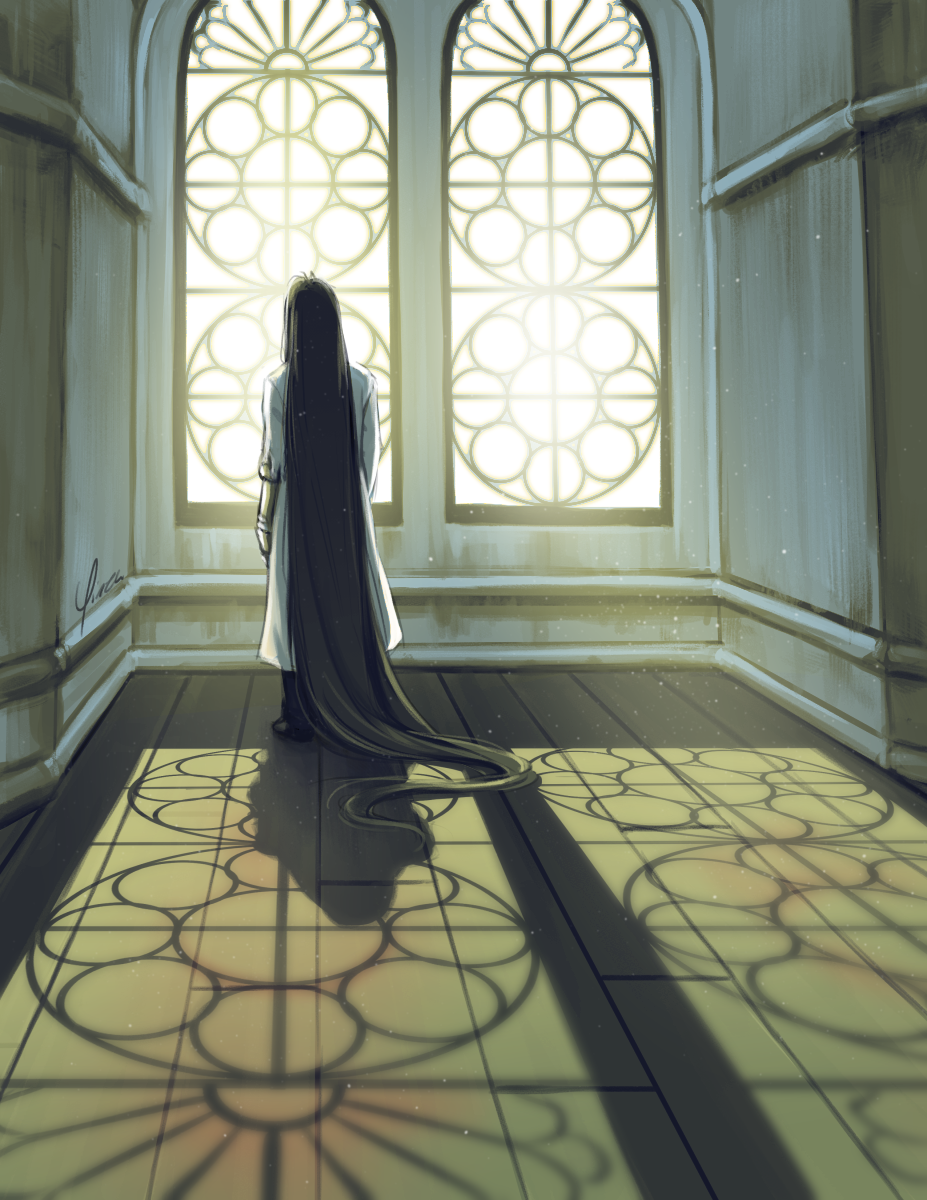 Lucrecia stands with her back turned to the viewer, looking out one of the windows in the Shinra mansion (the room with the piano, though the piano isn't in the frame). Her hair hangs loose, long enough that it pools on the floor behind her, and she still wears her white lab coat. The light of the windows stretches across the floor, interrupted by her shadow.
