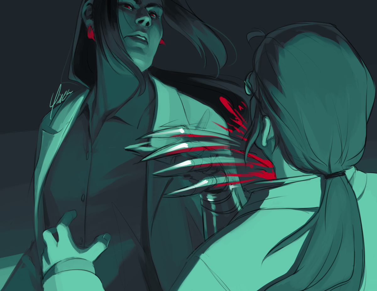 A rough digital painting featuring Lucrecia and Hojo. The back of Hojo's head and shoulders are in the foreground, his left hand raised in alarm as he falls backwards. Lucrecia stands before him, and blood spurts from his throat from where the metal claws of her left hand have just slashed it open. The image cuts off just above her eyes, which look down on him in disgust.