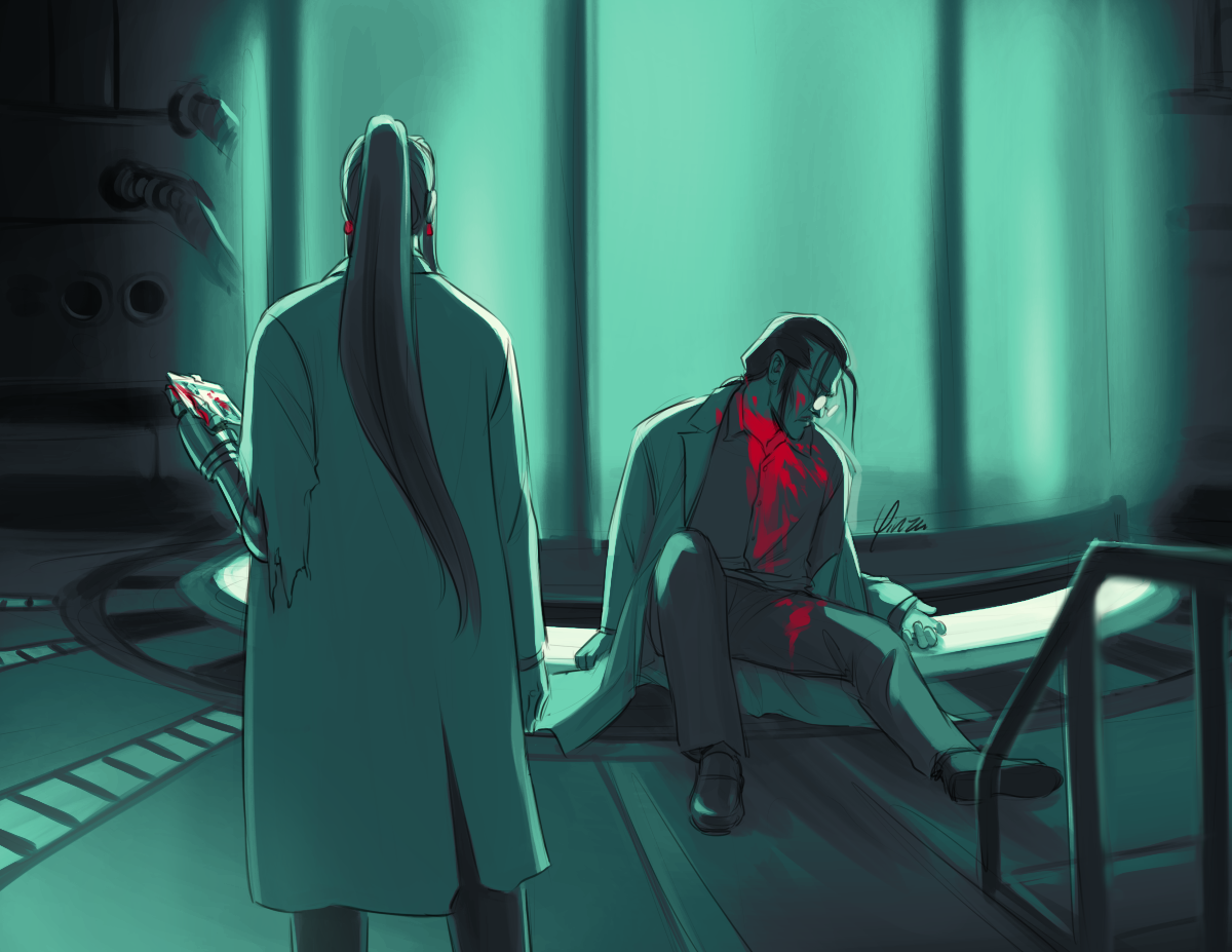 A rough digital painting featuring Lucrecia and Hojo. Hojo sits slumped against the large specimen tank in the 68th floor of his lab. Blood stains his neck and clothing. Lucrecia stands with her back to the viewer, looking down on him as she holds his bloody ID badge in her clawed left hand.