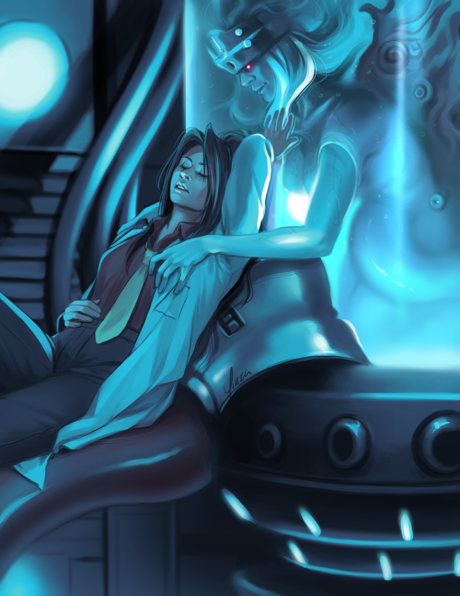 A digital painting of Lucrecia and Jenova. Lucrecia wears her OG outfit and sits atop the main tube feeding into the front of Jenova's tank in the Nibel reactor. She is leaning back so that her head rests against the glass, with her eyes closed and her lips parted. Her right hand rests atop her stomach while her left is lifted to touch the glass behind her. Jenova's figure inside the tank is slightly obscured, but she is leaning down, looking at Lucrecia. Her arms pass through the glass, her right hand atop Lucrecia's shoulder and the other atop her chest.