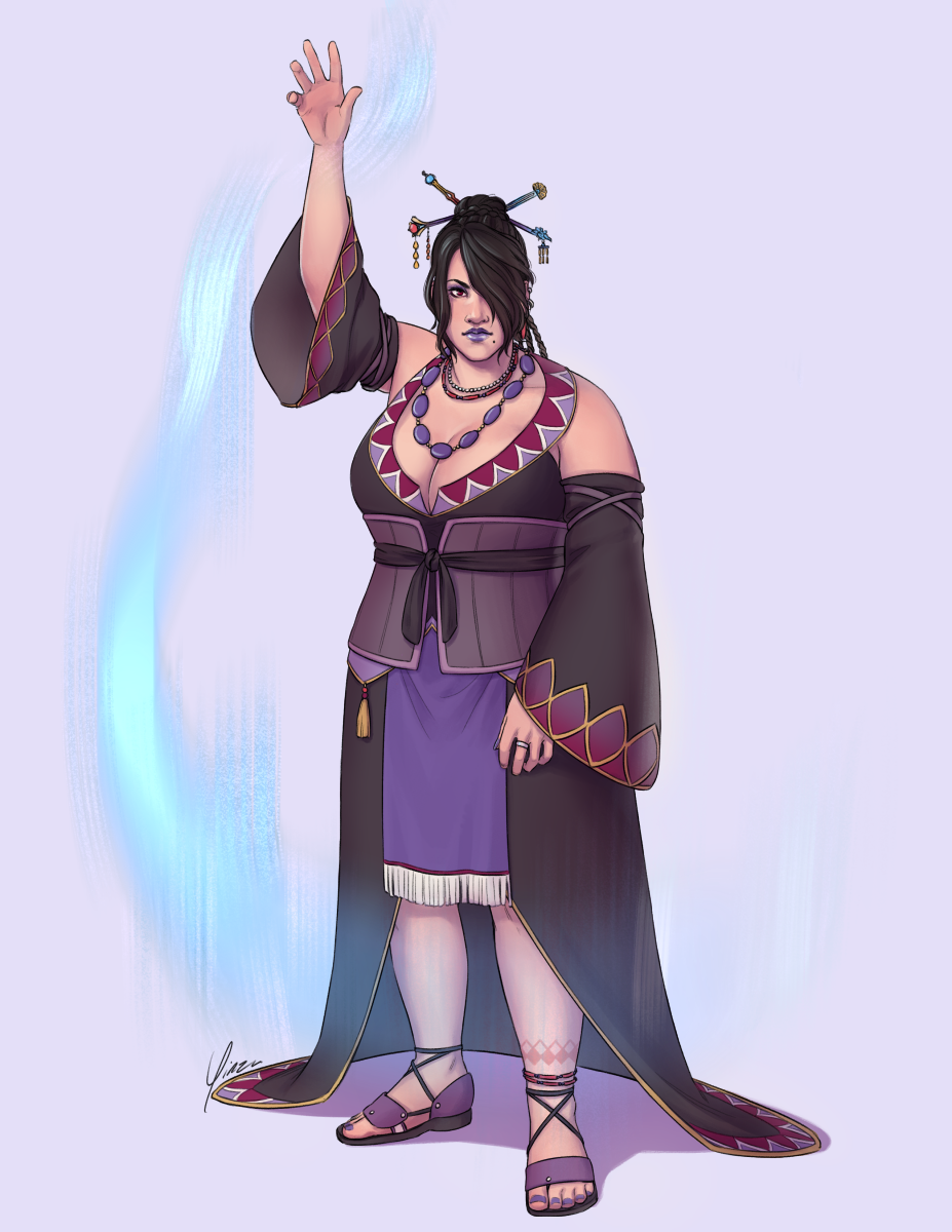 Digital fanart of Lulu from Final Fantasy X. She wears her typical hair accessories and beaded necklaces, but the rest of her outfit is somewhat different. She wears a low-cut sleeveless black shirt with a pattern of maroon and purple triangles along the collar. Her black sleeves are disconnected and end in a pattern of maroon diamonds/triangles with gold edging. Her skirt is black, long in the back, and partly covered in front with a fringed purple cloth. Over it, she wears a very wide purple belt. Her legs are visible from the knees down, and she wears a pair of black-and-purple sandals. Her right arm is raised, in the midst of casting a spell, and she looks towards the viewer.