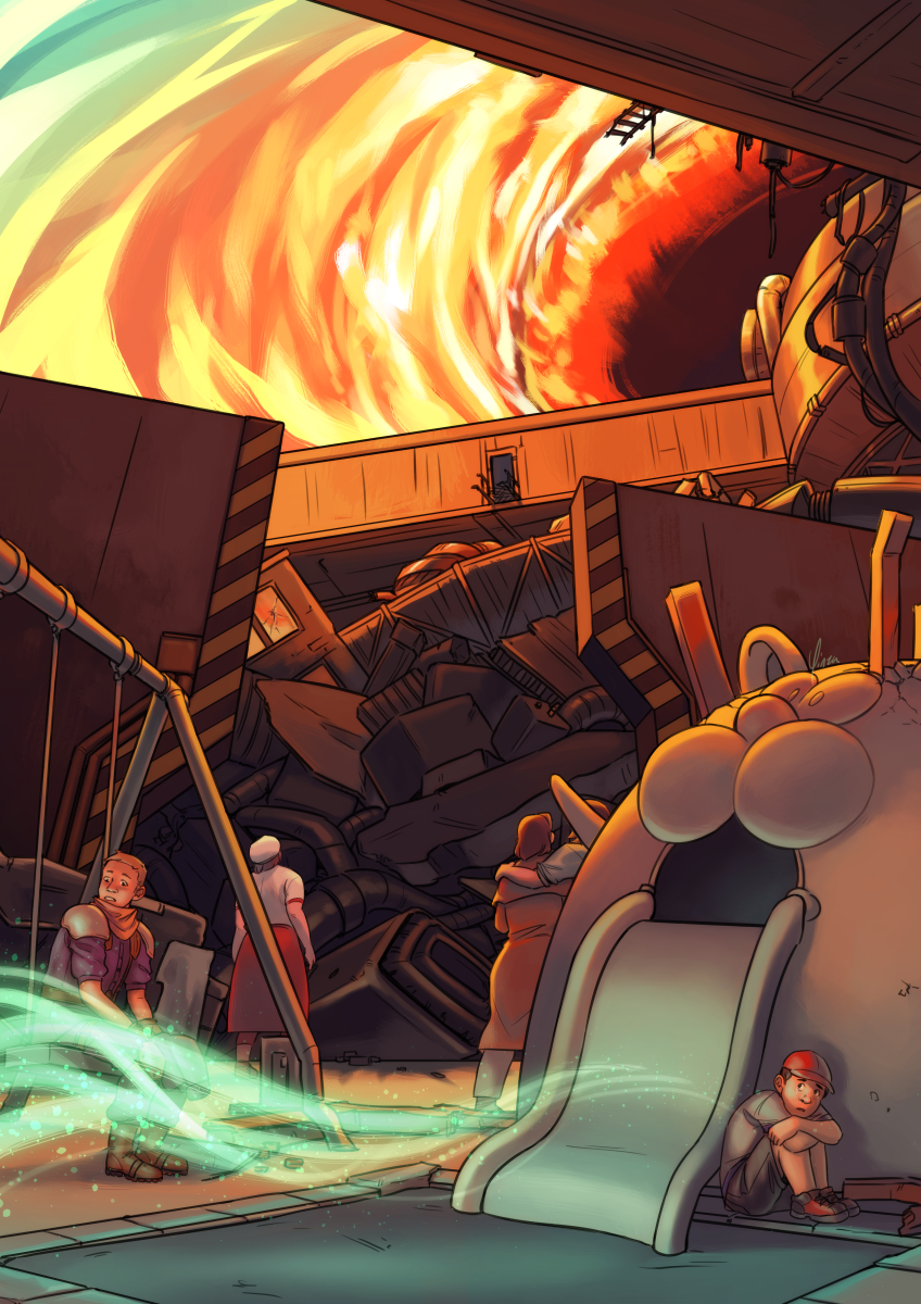 A digital illustration of Midgar during Meteorfall. The view looks up from the Sector 6 playground, past the rubble of Sector 7 to the gap in the plate, where the sky is ablaze as Meteor pushes through Holy's shield. Behind the cat-faced slide, the Beautiful Bro stands with his arm around the innkeeper as they watch. The woman who can't decide whether to look up or down stands staring nearer to the rubble. A Shinra soldier sits on the swingset with his helmet in his hands, and the boy who loves cats crouches beneath the slide. The two of them are looking up uncertainly as strands of the Lifestream begin to flow past them.