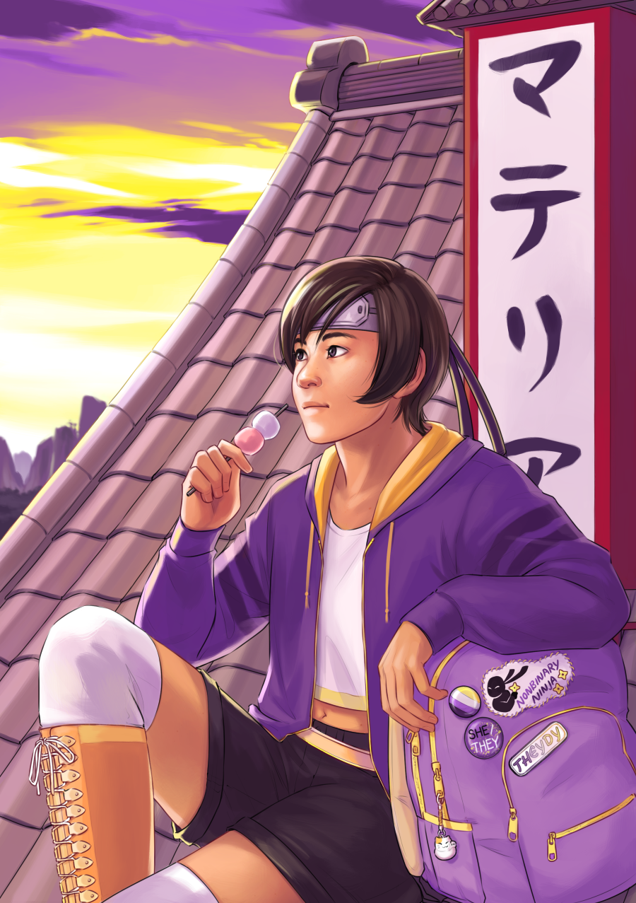 Digital artwork of Yuffie Kisaragi sitting on the roof of the materia shop in Wutai, the sign reading “materia” in katakana directly behind them. They wear a purple sweatshirt with yellow hood over a white crop top and black shorts, and yellow/orange lace-up boots. They hold a stick of partially-eaten hanami dango in their right hand, while their left hand rests atop a light purple backpack with yellow zippers. The backpack is decorated with pieces of pride merch, including a patch reading “nonbinary ninja,” a pronoun pin reading “she/they,” and a pin reading “theydy.” Their expression is relaxed. The sunset in the background is painted in nonbinary pride colors.