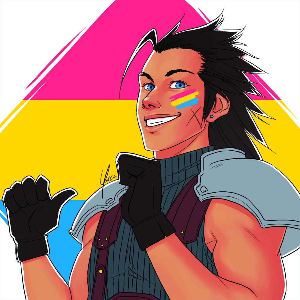 A portrait of Zack Fair against the pansexual pride flag.