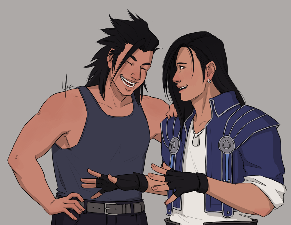 Laguna gestures with his hands, in the middle of telling a story, while Zack leans a hand on his shoulder and laughs.