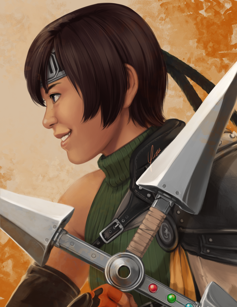 A digital painting of Yuffie Kisaragi, depicted in her Remake design from the chest up. She is in profile, facing to the left, looking ahead with a confident grin. She holds her 4-point shuriken ready in front of her.