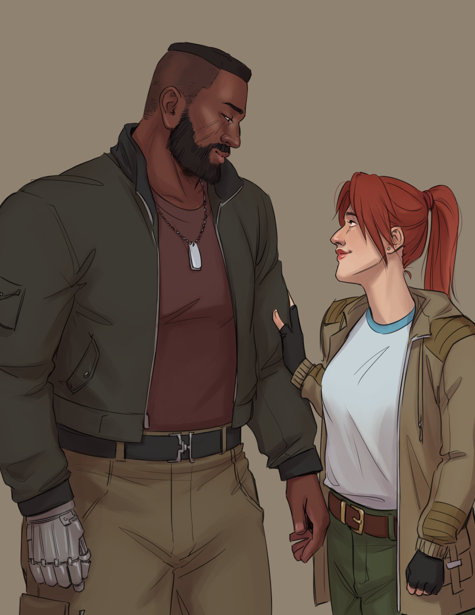 Digital fanart of Barret Wallace and Jessie Rasberry. Barret wears a dark green jacket over a reddish brown shirt and khaki-colored pants. His right hand is a metal prosthetic rather than a gun-arm. Jessie wears a khaki jacket over a white shirt with a blue collar, dark green pants, and black fingerless gloves. She is touching Barret's left arm with her right hand, and the two look at each other with soft smiles.